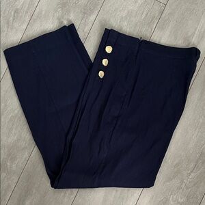 H by Halston NWOT Navy Linen Sailor High Waist Trousers Gold Button, Size 10